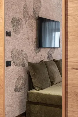 a room with a couch and a television on a wall at Le Fronde - Naturally Smart in Cles