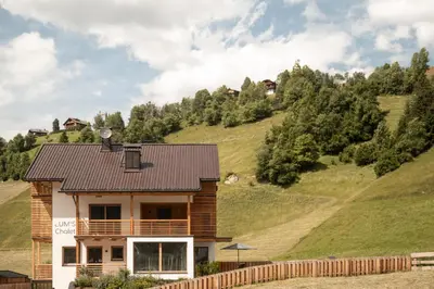 a house on top of a hill with trees at Chalet Lumis in San Vigilio Di Marebbe