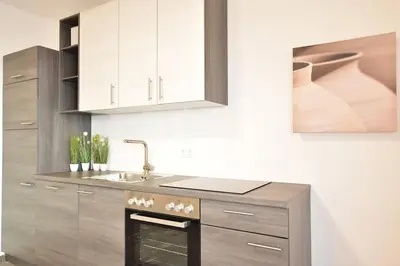 a kitchen with a sink and a stove at Cosy new apartment in calm area near merano in Merano