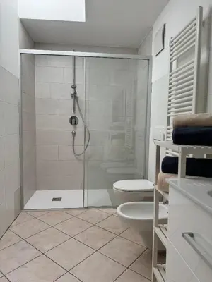 a bathroom with a shower and a toilet at Öhlers Prime Suite in Vipiteno