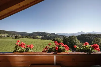 a view from the balcony of a house with flowers at Platterhof in Avelengo