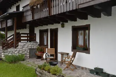 a dog sitting on a chair outside of a house at Ground floor with garden in San Vito di Cadore