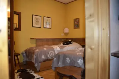 a bedroom with two beds with a cat laying on the bed at Ground floor with garden in San Vito di Cadore