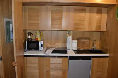 a small kitchen with a sink and a microwave at Ground floor with garden in San Vito di Cadore
