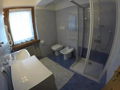 a bathroom with a shower and a sink and a toilet at Majon Di Roces in Canazei