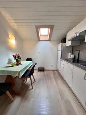 a kitchen and dining room with a table in a room at Haus Tauber in Cornaiano