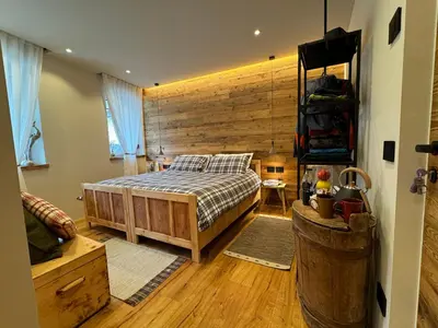 a bedroom with a bed and a wooden wall at Lisa Da Pent in Canazei