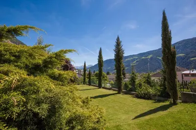 a row of trees in a yard with mountains in the background at Hotel Weingarten in Naturno