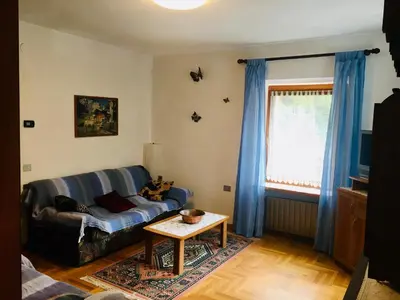 a living room with a couch and a table at Dolomiti Sot i piz in Piaia