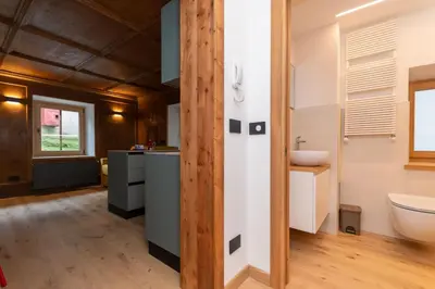 a bathroom with a sink and a toilet at Casa Molino La Stua - El Fornel in Falcade