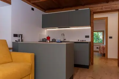 a kitchen with a counter and a couch in a room at Casa Molino La Stua - El Fornel in Falcade