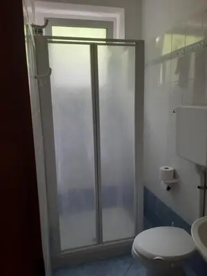 a bathroom with a glass shower with a toilet at Roda de Vael in Moena