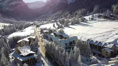 an aerial view of a resort in the snow at Casa Canazei, 2-5 pers Appartement 122 in Canazei