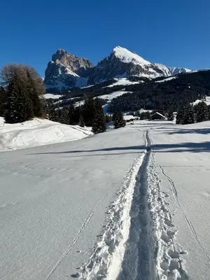a track in the snow with mountains in the background at Apartments Praverd nelle Dolomiti in Santa Cristina in Val Gardena