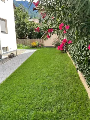 a yard with pink flowers and a fence at Lilena Apartment in Merano