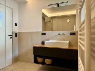 a bathroom with a sink and a mirror at Lilena Apartment in Merano