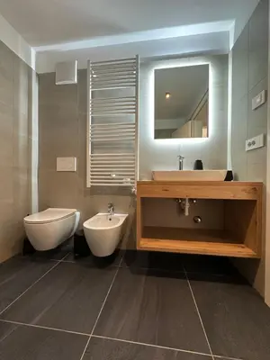 a bathroom with a sink and a toilet and a mirror at SiJa in Mühlbach