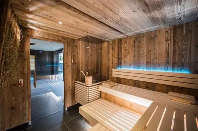 an empty sauna with wooden walls and benches at Montanaris Alpine - Active - Relax in Villabassa