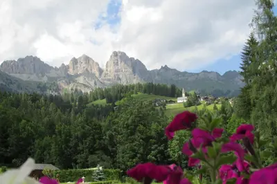 a view of mountains with flowers in the foreground at Hotel Garnì Miramonti in Falcade