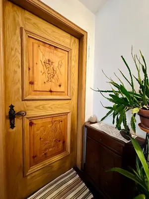 a wooden door in a room with a potted plant at Oma Nani in Campitello di Fassa