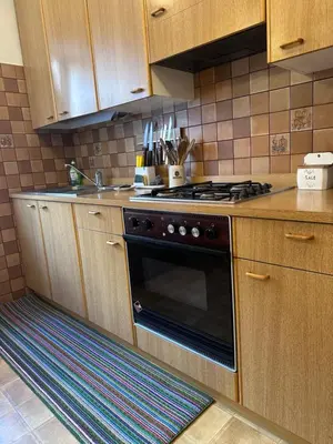 a kitchen with a stove top oven in a kitchen at Oma Nani in Campitello di Fassa