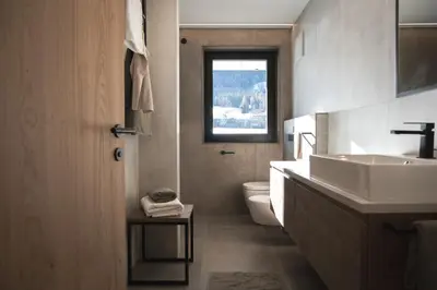 a bathroom with a sink and a toilet and a window at Sottla - your mountain home in Valdaora