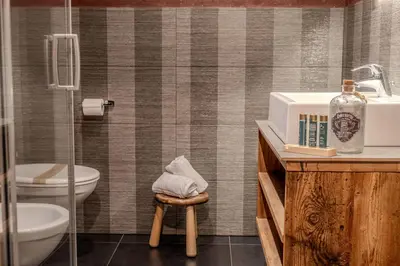 a bathroom with a sink and a toilet and a shower at Alpine Mountain Chalet in San Vigilio Di Marebbe