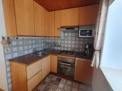 a small kitchen with wooden cabinets and a sink at Apartments Somavia in Ortisei