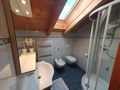 a bathroom with a toilet and a shower and a sink at Apartments Somavia in Ortisei