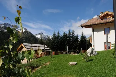 a house with flowers on the balconies of it at Design Chalet Zirm - check-in at Olympia Hotel in Varda
