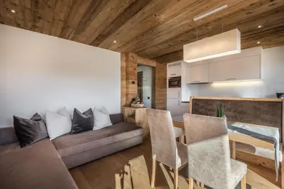 a bedroom with a bed and a large window at Appartements Chalet Bandiarac in San Cassiano