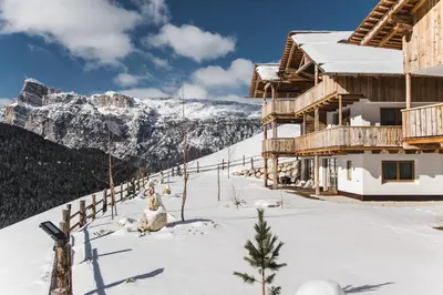 a bedroom with a bed and a large window at Appartements Chalet Bandiarac in San Cassiano