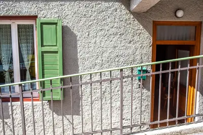 a house with a green window and a door at Masito Apartments The Hub in Cortina dʼAmpezzo