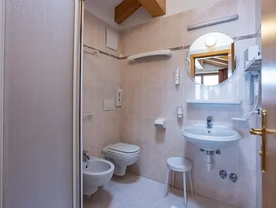 a bathroom with a toilet and a sink and a mirror at Hotel Sella Ronda Serenella - A 50 mt dalle piste da sci in Campitello di Fassa