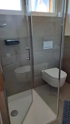 a bathroom with a glass shower with a toilet at Haus am Park in Rasùn di Sotto