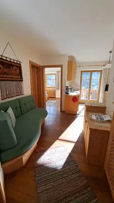 a living room with a green couch and wooden floors at Haus am Park in Rasùn di Sotto