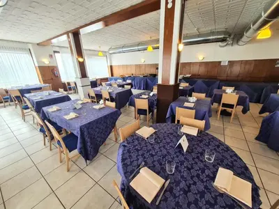 a dining room with blue tables and chairs at Excelsior Hotel Cimone LowCost in San Martino di Castrozza
