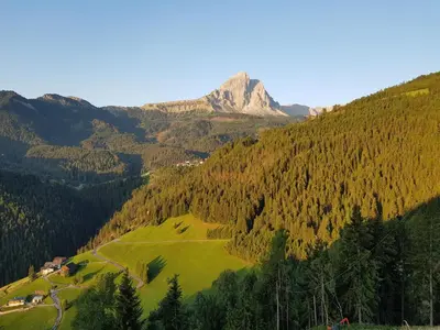 a mountain in the middle of a valley with trees at Lüch da Börz in Antermoia
