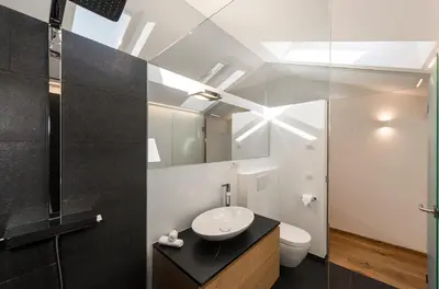 a bathroom with a sink and a toilet at Chalet Merangardenvilla in Merano