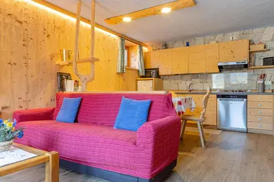 a living room with a pink couch in a kitchen at Villa Maria in Falcade
