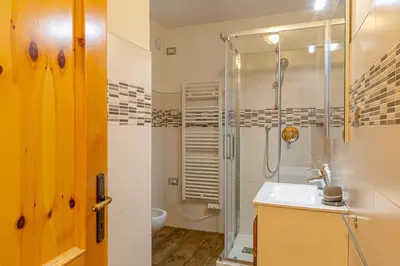 a bathroom with a shower and a sink and a toilet at Villa Maria in Falcade