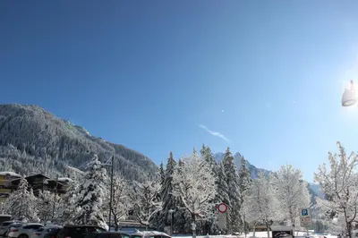 a parking lot with snow covered trees and a mountain at Appartamento Al Ruscello in Canazei