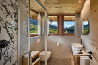 a bathroom with a shower and a toilet and a sink at Chalet La Varieté in La Villa