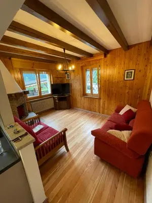 a living room with a red couch and a fireplace at Appartamento Canes in Falcade