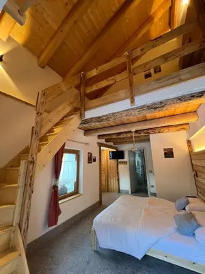 a bedroom with a bed in a room with wooden ceilings at Locanda al Toal in Moena