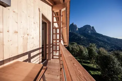 a wooden porch with a ladder on the side of a building at Sonus Alpis - Adults Only in Castelrotto