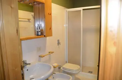 a bathroom with a shower and a toilet and a sink at Apartment with three bedrooms and garden in Chiave in Chiave