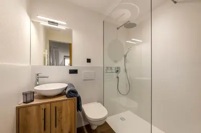 a bathroom with a sink and a toilet and a shower at Appartment Über die Wolken in Maranza