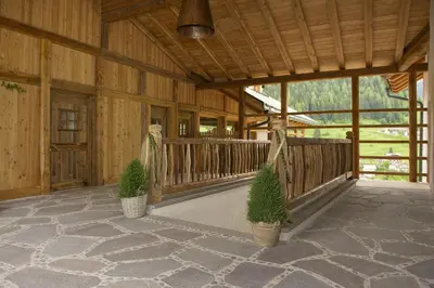 a porch of a wooden house with two potted plants at Agritur el mas in Moena