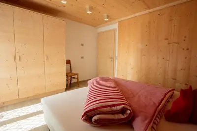 a bedroom with wooden walls and a bed with a blanket at Apartments Resi in Rasùn di Sotto